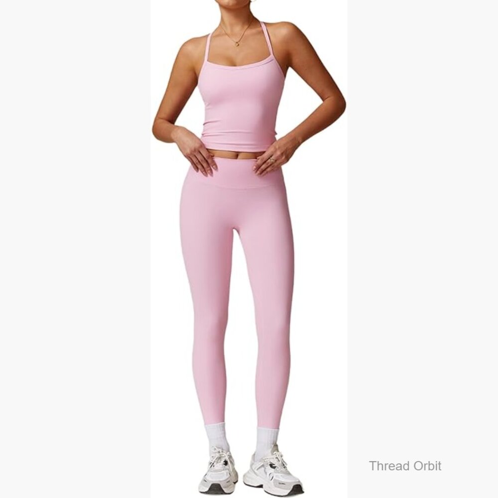 Workout Set Cross Back Tank Top High Waist Leggings 2 Piece Activewear